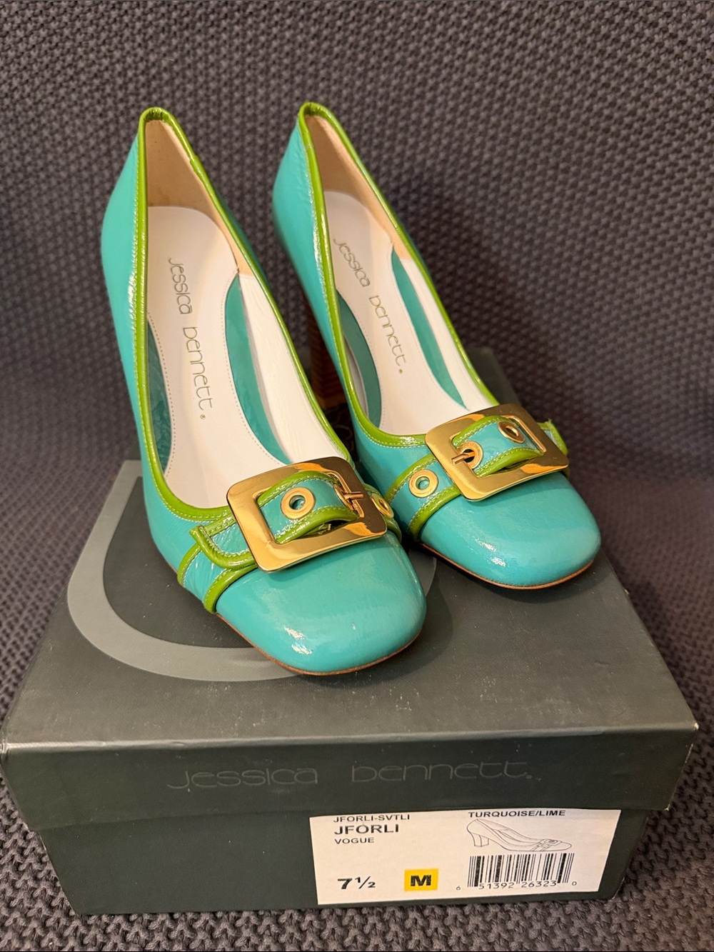 Jessica Bennett Turquoise and Lime Patent Leather Pumps